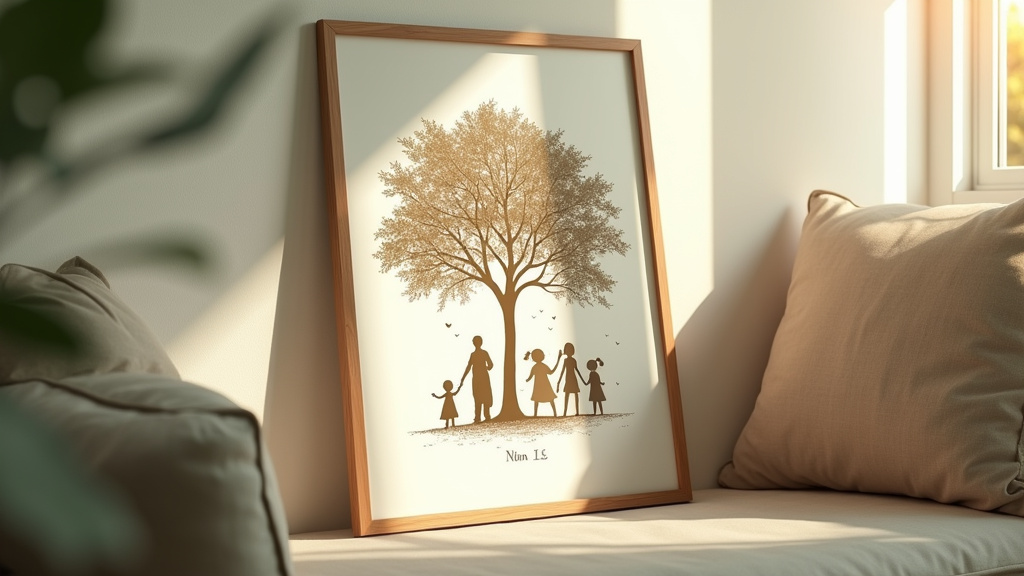 Affiche famille personnalisée encadrée sur un mur avec des personnages stylisés