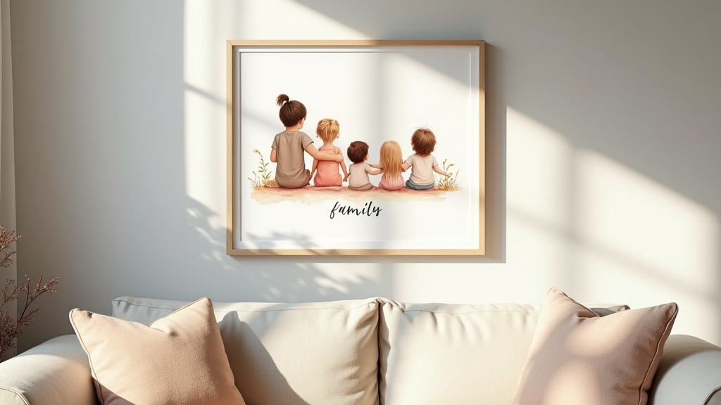 Affiche famille personnalisée illustrant une scène de vie quotidienne avec des personnages stylisés
