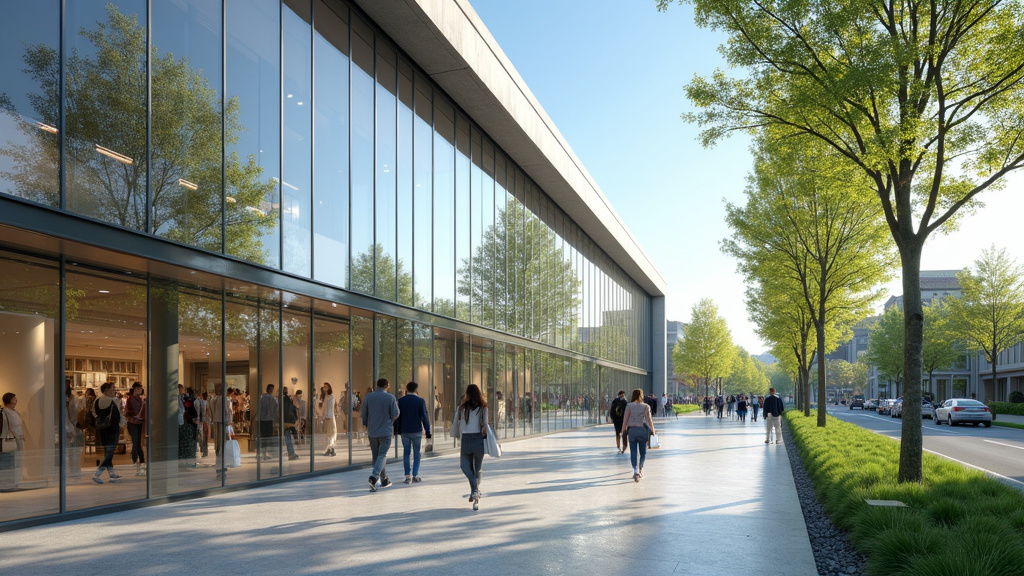 Vue extérieure de la Belle Étoile au Luxembourg, avec son architecture moderne et ses entrées lumineuses