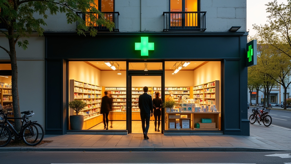 Pharmacie de ville à Mantes-la-Jolie avec enseigne lumineuse